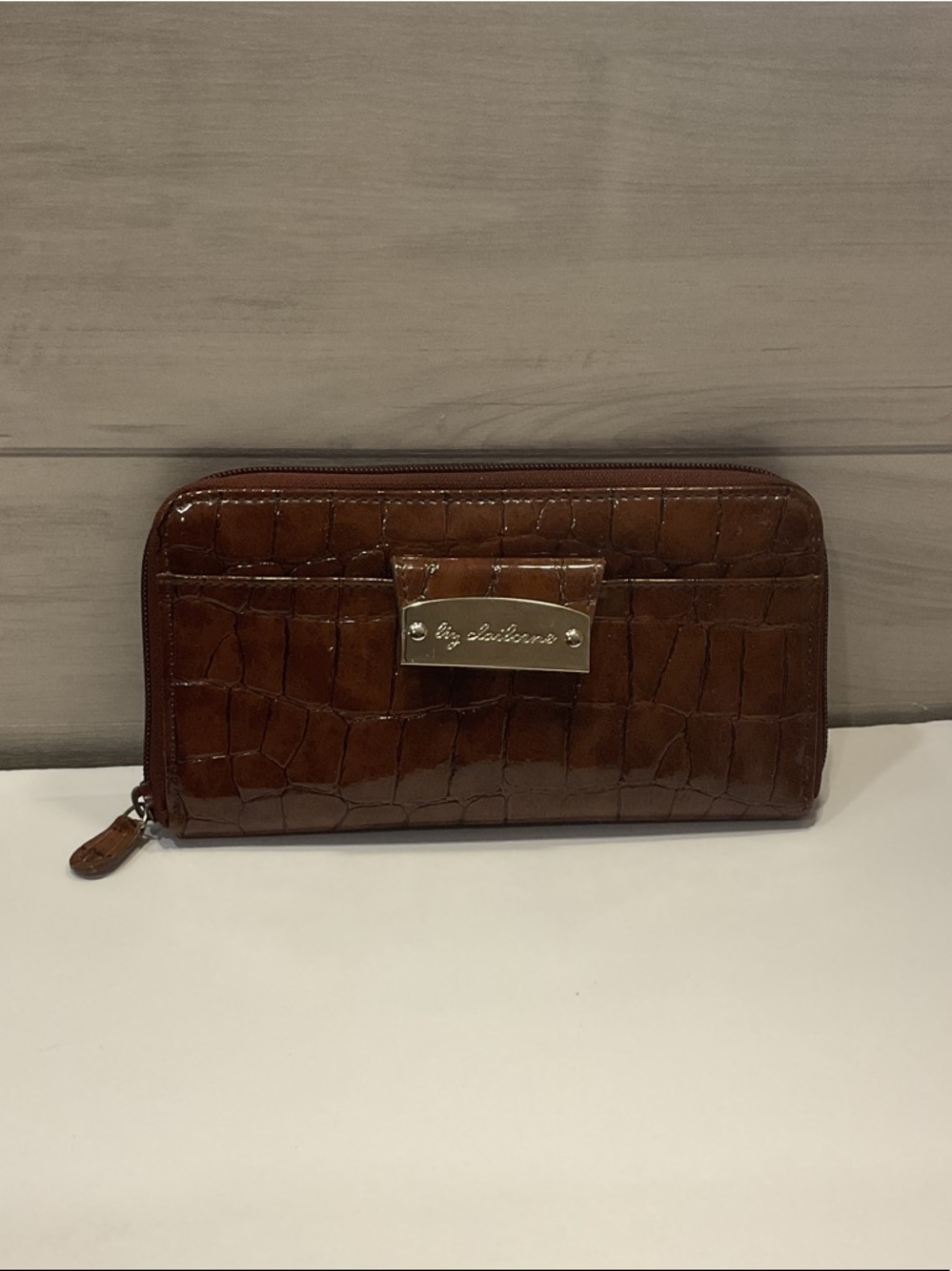 Liz Claiborne Brown Croc-Embossed Zip Wallet with Logo Plaque